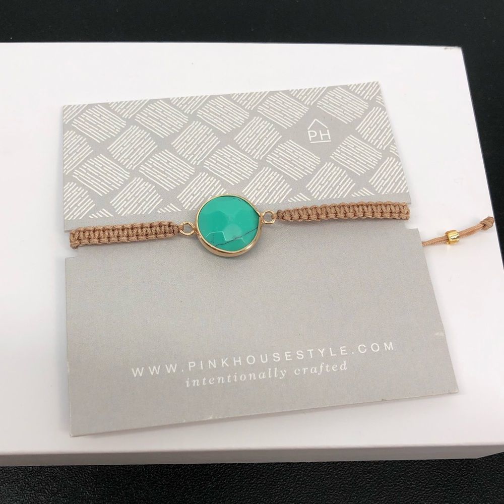 Turquoise Look Stone Braided Pull Bracelet Gold Tone